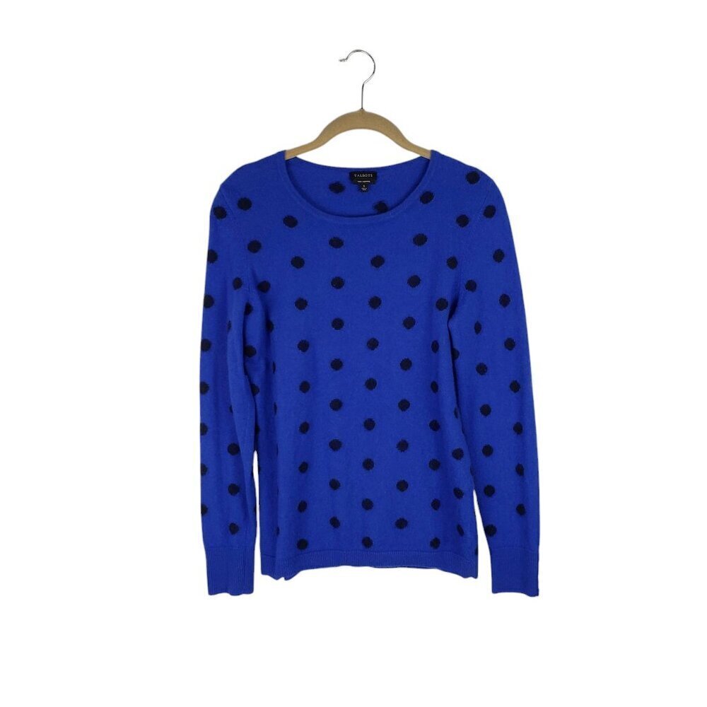 Talbots Cashmere Button Cuff Crew Neck Sweater Royal Blue Polka Dot Size Small